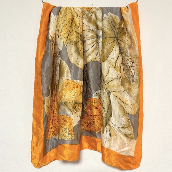 Vintage Fashion Scarf 100% Silk Orange Fall Autumn Leaves Japan Neck Head Wrap - Picture 1 of 9